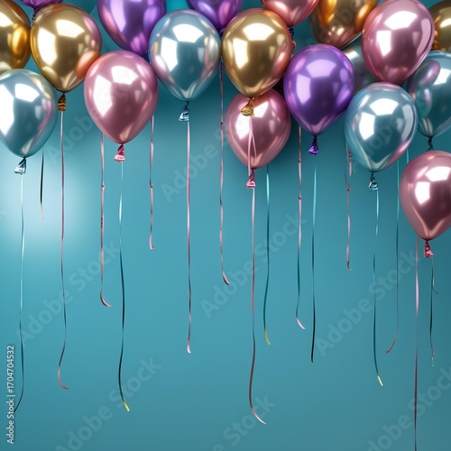 Colorful metallic balloons in shades of gold, pink, and purple floating against a smooth turquoise background