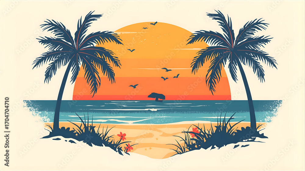 Obraz premium Sunset Paradise Palms, Ocean, Tranquil Beach