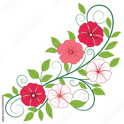 Red and pink flowers with green leaves form a charming upper right corner arrangement