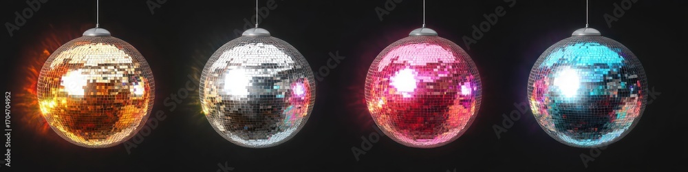 Obraz premium Four hanging disco balls in gold, silver, pink, and blue glowing against a dark background creating vibrant, colorful reflections and festive atmosphere