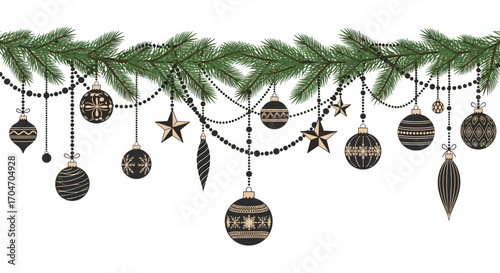 Elegant black and gold christmas ornaments adorning a festive evergreen garland decoration