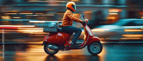 person wearing orange helmet and jacket riding a red scooter with a delivery box on the back in a city at night with blurred lights and wet street