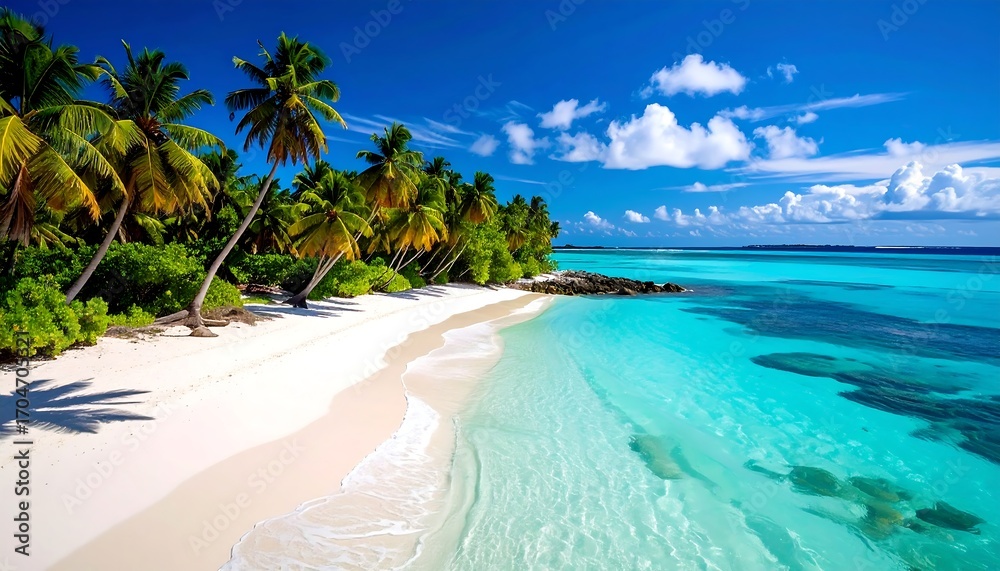Fototapeta premium Tropical beach scene with white sand, turquoise water, palm trees, clear sky, and a small island in the distance