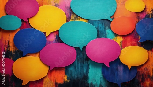 Colorful empty speech bubbles on bright textured background representing communication and conversation