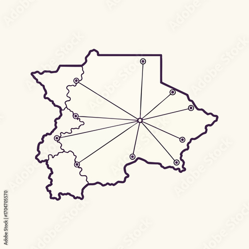 A simple line art map of Botswana showing a centralized hub and spoke network connecting various districts.