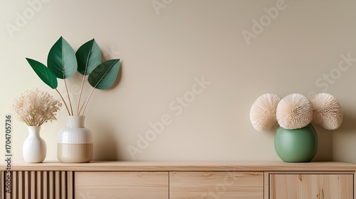 Minimalist interior scene with a light beige wall and a wooden sideboard