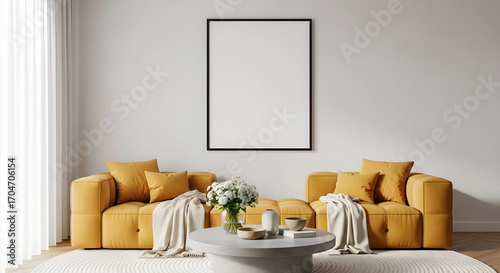Modern minimalist living room interior design with yellow sofa and blank frame mockup