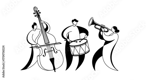 Stylish Black and White Illustration of a Jazz Trio Performing