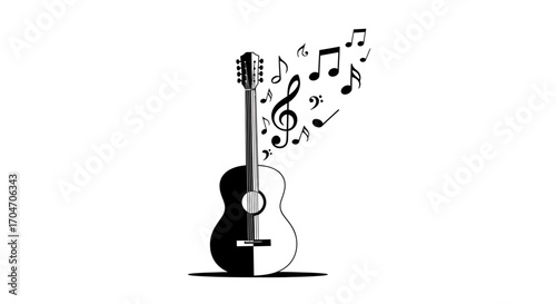 Acoustic Guitar with Musical Notes Emanating in Artistic Black and White