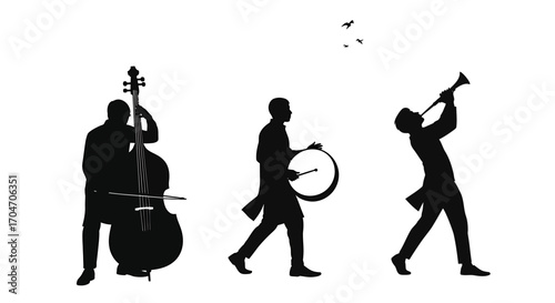 Silhouette of Musicians Playing Bass, Drum, and Trumpet with Birds Flying Above