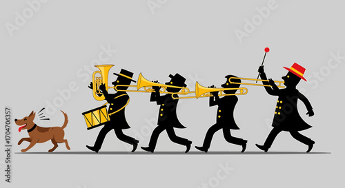 Silhouette of a Marching Brass Band and a Curious Dog