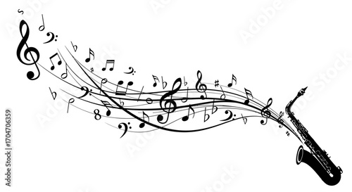 Flowing Musical Notes Emanating from a Black Silhouette Saxophone