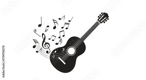 Acoustic Guitar with Musical Notes in a Simple Design