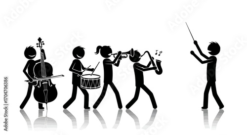 Silhouette Orchestra: Conductor Directing Musicians with Cello, Drum, Trumpet, and Saxophone