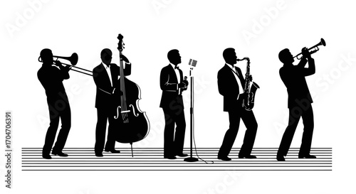 Silhouetted Jazz Band Performing with Trombone, Bass, Microphone, Saxophone, Trumpet
