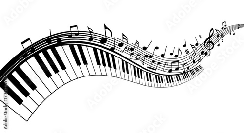 Flowing Piano Keys and Musical Notes in a Dynamic Black and White Composition
