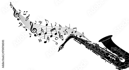 Black Saxophone with Musical Notes Flowing in Artistic Silhouette