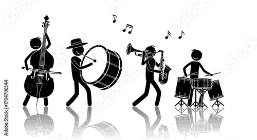 Silhouette Stick Figure Jazz Band with Upright Bass, Drum, Trumpet, and Saxophone