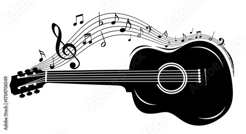 Acoustic Guitar Silhouette with Musical Notes Design