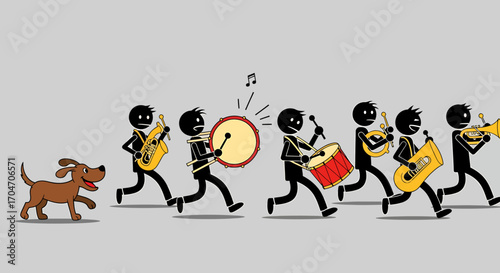 Cartoon Dog Leading a Marching Band of Stick Figure Musicians