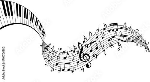 Flowing musical staff with notes and piano keys in a dynamic composition