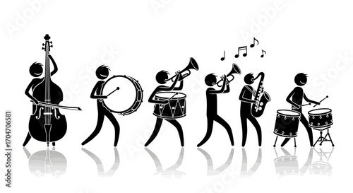 Simple Stick Figure Band Playing Various Instruments