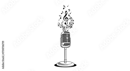 Vintage Microphone with Musical Notes Emanating Upward in Artistic Design