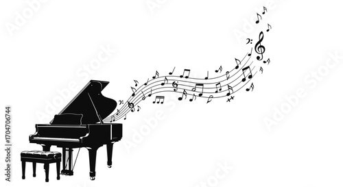 Elegant Black Grand Piano with Flowing Musical Notes Illustration