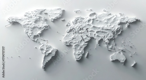three-dimensional relief map of world continents highlighting topographical features with shadow effects on a white background