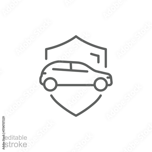 Shield and car icon. Simple outline style. Safety, protect, safe, secure, vehicle, auto, transport, insurance concept. Thin line symbol. Isolated design editable stroke.