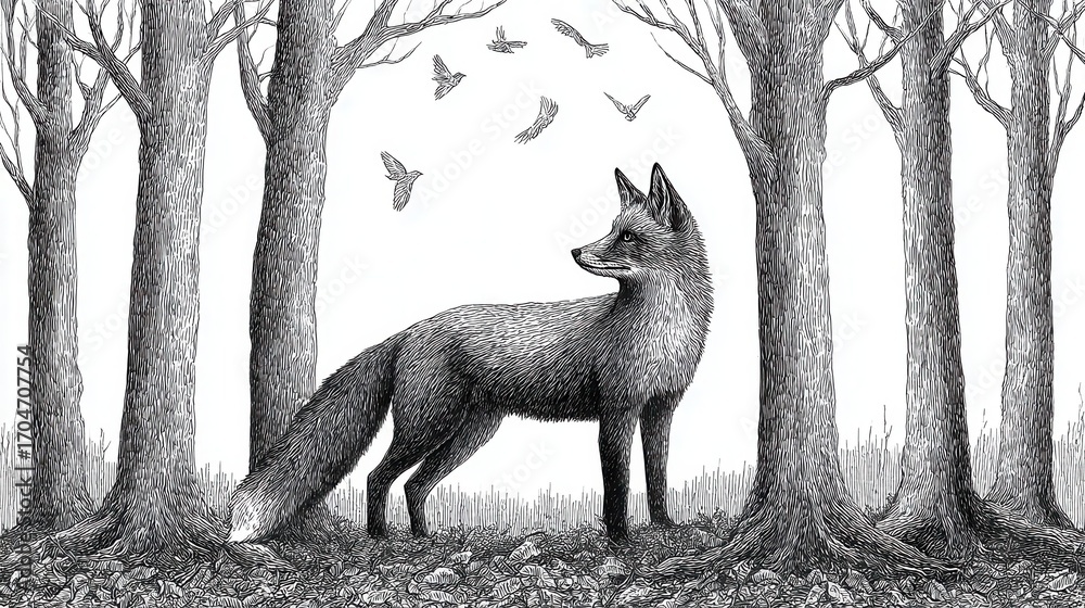 Fototapeta premium Fox standing in a forest scene.