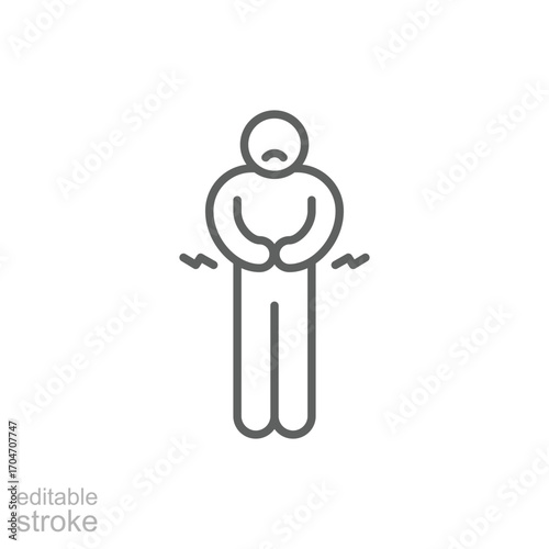 Hungry man icon. Simple outline style. Poor man, hunger, stomach, pain, holding, person, abdominal, adult, constipation, ache, sad people concept. Thin line symbol. Isolated design editable stroke.