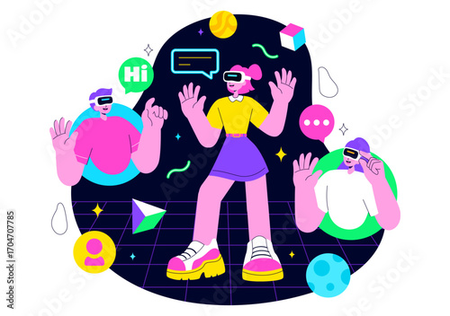 Metaverse Social Hangouts Illustration featuring People wearing VR Glasses and Exploring Future Innovations with Virtual Reality Communication