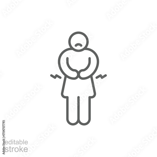 Hungry woman icon. Simple outline style. Poor woman, hunger, stomach, pain, holding, person, abdominal, adult, constipation, sad people concept. Thin line symbol. Isolated design editable stroke.