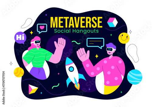 Metaverse Social Hangouts Illustration featuring People wearing VR Glasses and Exploring Future Innovations with Virtual Reality Communication