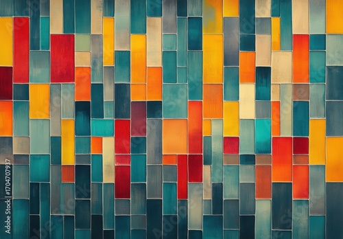 abstract geometric mosaic of colorful rectangular blocks in various shades of blue, teal, yellow, orange, and red, creating a vibrant and dynamic pattern