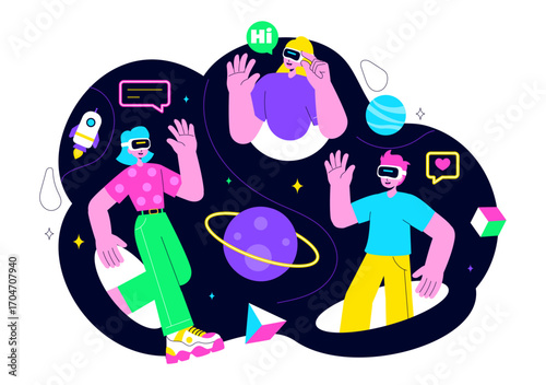 Metaverse Social Hangouts Illustration featuring People wearing VR Glasses and Exploring Future Innovations with Virtual Reality Communication