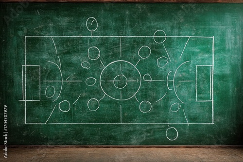 A soccer strategy chalk drawing on a green chalkboard showing player positions, formations, and movement paths