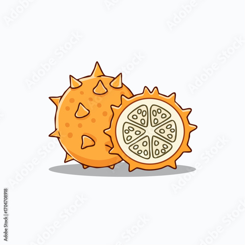 Vibrant cartoon illustration of an exotic kiwano fruit, also known as horned melon, depicted whole and sliced to reveal its seedy pulp