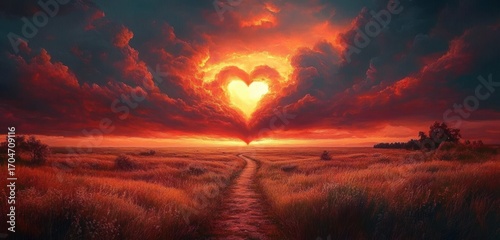 A glowing heart-shaped cloud formation at sunset over a winding path through a field of tall grass, creating a warm and romantic atmosphere