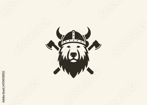 A simple minimalist silhouette logo of a bear wearing a Viking helmet, symbolizing courage, bravery, protection, and power