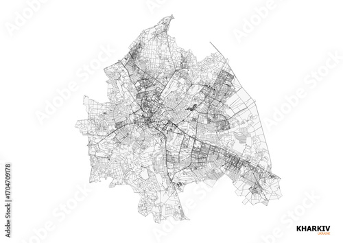 A minimalist black and white vector map of Kharkiv’s highways and key road networks for clear design and navigation.