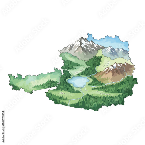 A watercolor illustration of the map of Austria filled with a scenic landscape of mountains lakes and forests.