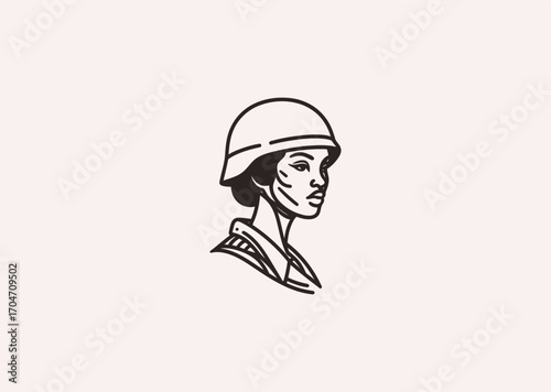 A line art logo of a woman soldier, symbolizing bravery, strength, honor, and discipline