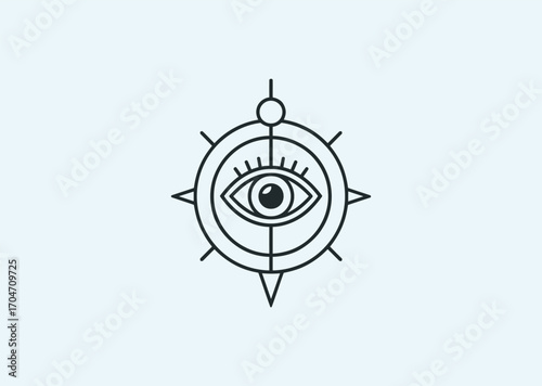 A geometric line art logo of a Cyclops eye inside a compass, symbolizing vision, direction, mystery, and myth