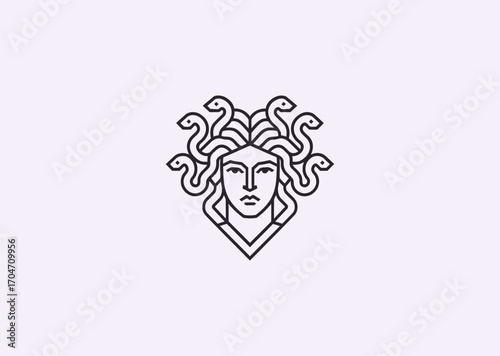 A line art logo of Medusa with snake hair, symbolizing mystery, danger, femininity, and ancient legend