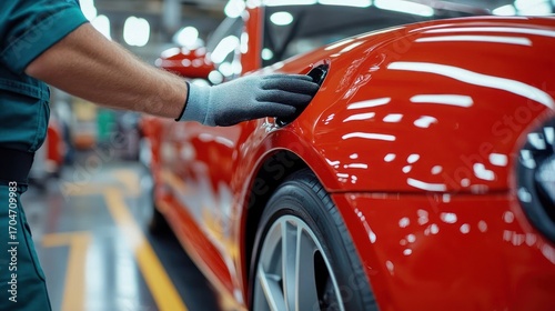 Close-up of a person wearing gloves inspecting and polishing the shiny red car body in a well-lit automotive workshop