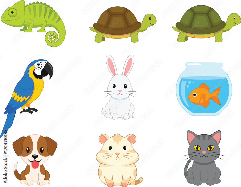 Naklejka premium Cute cartoon pets set, dog, cat, rabbit, parrot, turtle, fish, hamster, chameleon, adorable domestic animals for kids