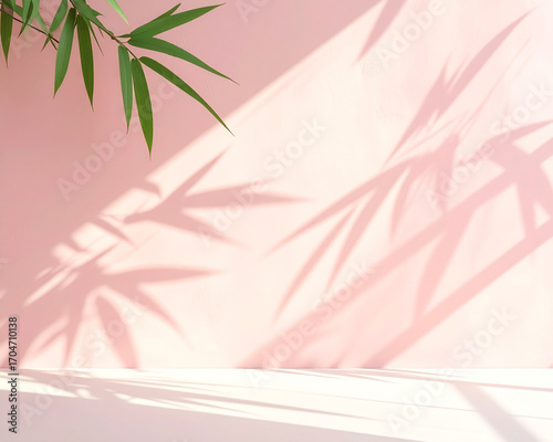 Soft bamboo leaf shadows falling across a pastel wall surface, natural Asian minimal design with bright daylight and calm empty space