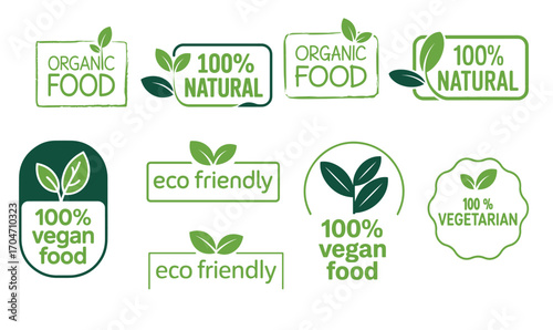 Green icons declare food as organic, natural, vegan, vegetarian, and ecofriendly on white